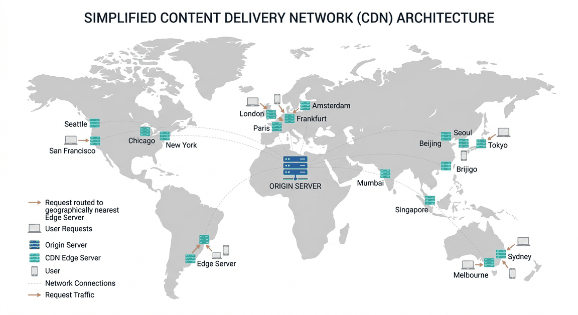 A CDN architecture over a world map: a single origin server in the middle, edge servers spread across the continents, and each user's request routed to the edge server geographically nearest to them