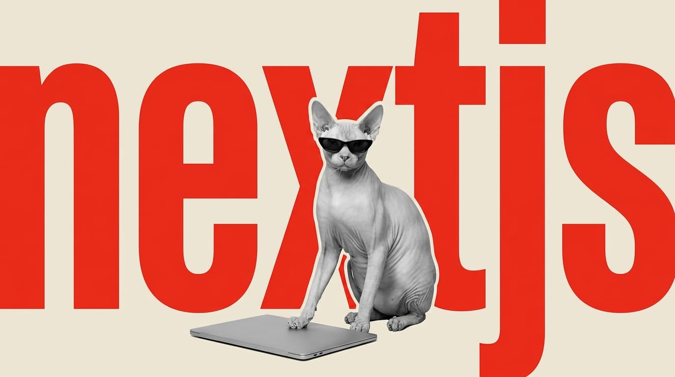 Kırmızı dev 'nextjs' yazısının önünde, güneş gözlüklü bir sphynx kedi, bir pençesi kapalı bir dizüstü bilgisayarın üzerinde oturuyor